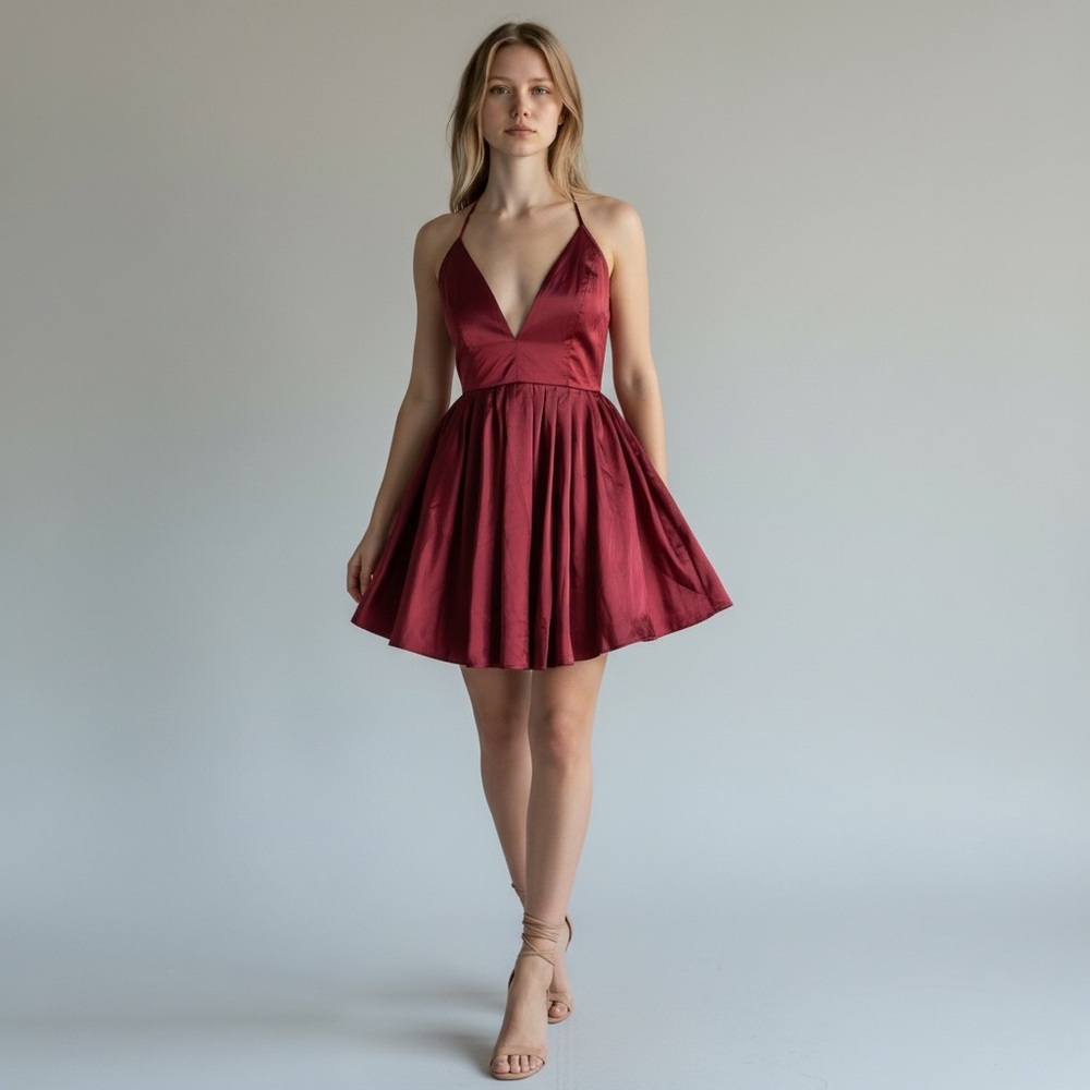 NWT NBD Revolve Satin Burgundy Backless Deep V Tie Back Mini Dress XS